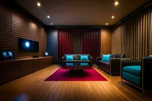 uma moderno vivo quarto com de madeira paredes e uma vermelho tapete. gerado por IA foto