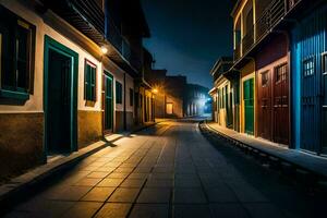 uma limitar rua às noite com colorida edifícios. gerado por IA foto