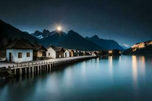 uma grandes exposição foto do uma lago e casas às noite. gerado por IA