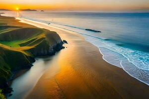 a Sol conjuntos sobre uma de praia e gramíneo colina. gerado por IA foto