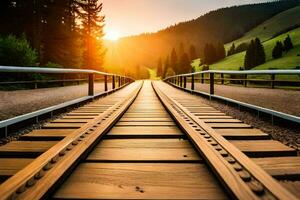 Ferrovia faixas dentro a montanhas às pôr do sol. gerado por IA foto