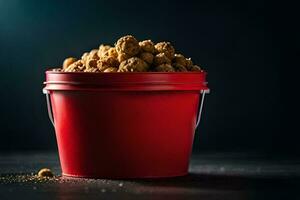 uma vermelho balde preenchidas com amendoim em uma Sombrio fundo. gerado por IA foto