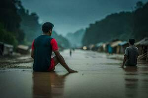 dois homens sentado em a terra dentro uma inundado área. gerado por IA foto