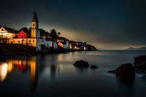 uma Igreja em a costa do a oceano às noite. gerado por IA foto