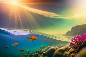 a Sol brilha sobre uma coral recife e peixe. gerado por IA foto