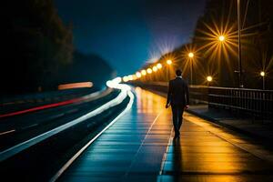 uma homem caminhando em uma trem rastrear às noite. gerado por IA foto