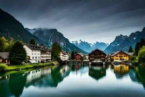 uma lago e casas dentro a montanhas. gerado por IA foto