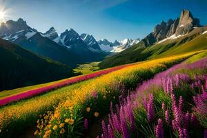 lindo flores dentro a montanhas. gerado por IA foto