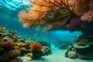 a embaixo da agua cena com coral e peixe. gerado por IA foto