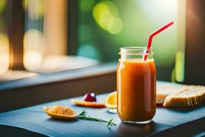 uma vidro do laranja suco em uma mesa. gerado por IA foto