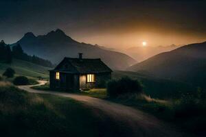 uma pequeno casa senta em uma encosta às pôr do sol. gerado por IA foto