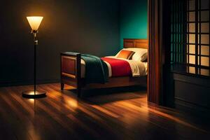 uma quarto com uma cama e uma lâmpada. gerado por IA foto