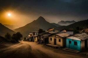 uma Vila dentro a montanhas às pôr do sol. gerado por IA foto