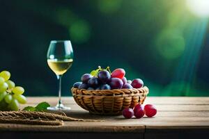 uvas e uma vidro do vinho em uma de madeira mesa. gerado por IA foto