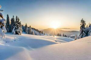 foto papel de parede a céu, neve, árvores, montanhas, sol, árvores, árvores, árvores,. gerado por IA