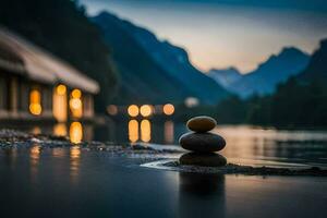 pedra balanceamento em a água às crepúsculo. gerado por IA foto