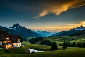 a casa dentro a montanhas. gerado por IA foto