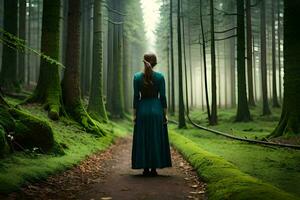 uma mulher dentro uma azul vestir caminhando através uma floresta. gerado por IA foto