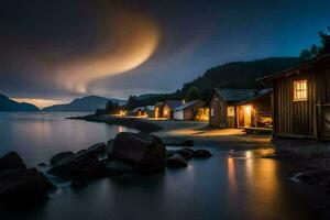 foto papel de parede a céu, noite, a mar, a montanhas, a água, a pedras,. gerado por IA