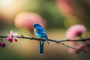 uma azul pássaro senta em uma ramo com Rosa flores gerado por IA foto