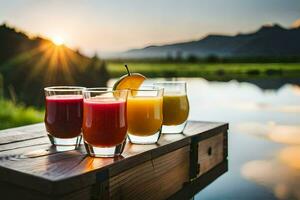 quatro óculos do suco em uma de madeira mesa com a Sol configuração atrás isto. gerado por IA foto