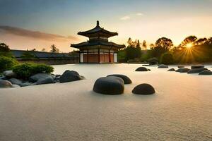 uma japonês jardim às pôr do sol com pedras e uma pagode. gerado por IA foto