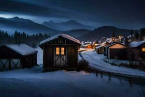 uma Vila dentro a neve às noite. gerado por IA foto