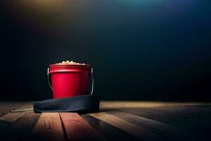 uma vermelho balde com Pipoca em uma de madeira chão. gerado por IA foto