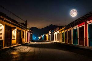 uma rua forrado com colorida casas às noite. gerado por IA foto