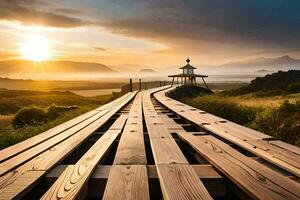 uma de madeira ponte conduz para uma gazebo às pôr do sol. gerado por IA foto