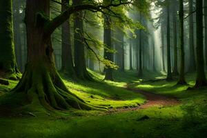 uma caminho através uma verde floresta com árvores gerado por IA foto