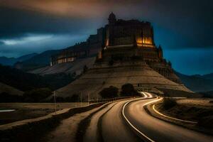 uma grandes exposição foto do uma castelo em uma montanha estrada. gerado por IA