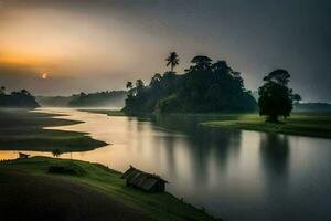 uma rio dentro a meio do uma campo às pôr do sol. gerado por IA foto