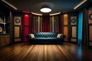 uma quarto com uma azul sofá e de madeira chão. gerado por IA foto