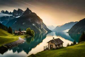 a casa em a lago. gerado por IA foto