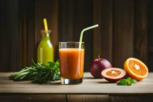 uma vidro do suco com laranjas, Toranja e ervas. gerado por IA foto