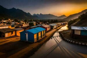 uma rio corre através uma Vila às pôr do sol. gerado por IA foto