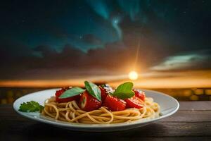 espaguete com tomates e manjericão em uma prato com uma Visão do a céu. gerado por IA foto