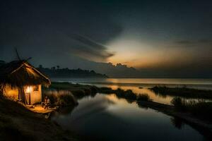 a cabana em a lago às noite. gerado por IA foto