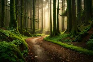uma caminho através uma verde floresta com árvores e Sol. gerado por IA foto