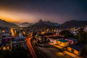 uma cidade às crepúsculo com montanhas dentro a fundo. gerado por IA foto