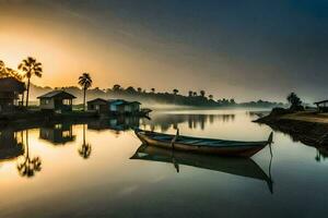 uma barco senta em a água às nascer do sol dentro uma Vila. gerado por IA foto