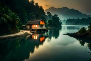 uma pequeno cabana senta em a costa do uma rio às pôr do sol. gerado por IA foto