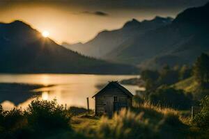 uma pequeno cabine senta em a lado do uma montanha negligenciar uma lago. gerado por IA foto