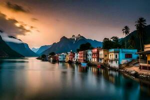 colorida casas em a costa do uma lago às pôr do sol. gerado por IA foto