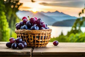 uvas dentro uma cesta em uma de madeira mesa com uma Visão do a montanhas. gerado por IA foto