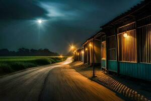 uma grandes estrada com uma casa e uma lua dentro a céu. gerado por IA foto