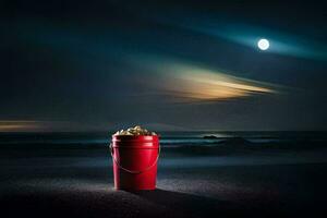 uma vermelho balde preenchidas com Pipoca em a de praia às noite. gerado por IA foto