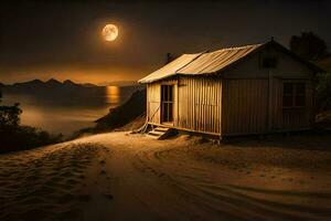 uma pequeno cabine senta em a areia às noite. gerado por IA foto