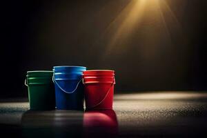 três colorida baldes em uma Sombrio superfície. gerado por IA foto